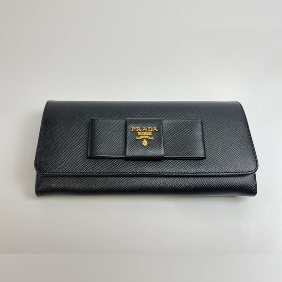 Prada Black Saffiano Ribbon Leather Wallet with Gold Accents - Picture 1 of 16